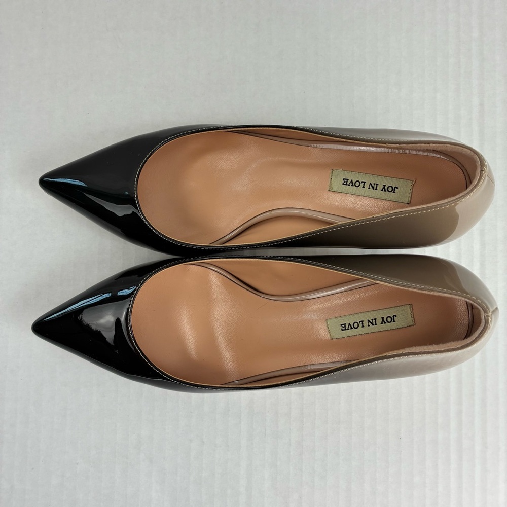 JOY IN LOVE Faux Patent Block Heel Pumps Black Nude Ombré Two Tone - Picture 3 of 10
